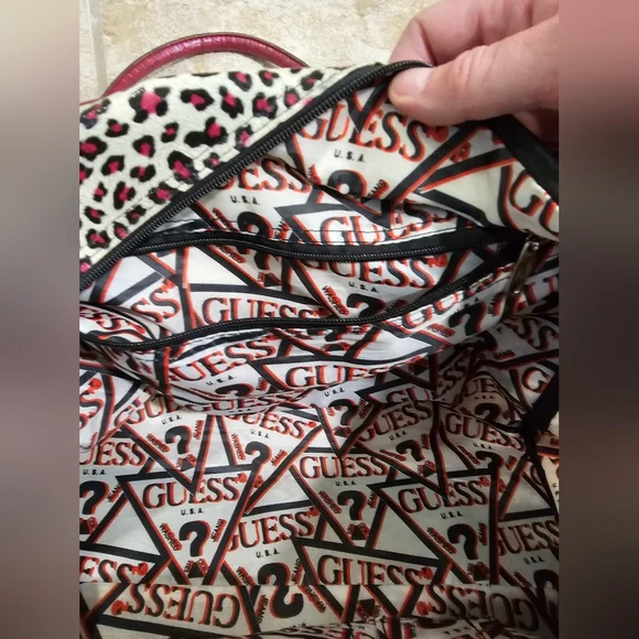 Guess Leopard Print Duffel Bag Burgundy Faux Croc Trim Bow Y2K Handbag Rare HTF - Picture 10 of 10